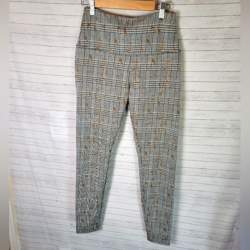 LYSSE PLAID LEGGINGS W GOLD LEAF PRINT DESIGN, SZ SMALL - Picture 2 of 12